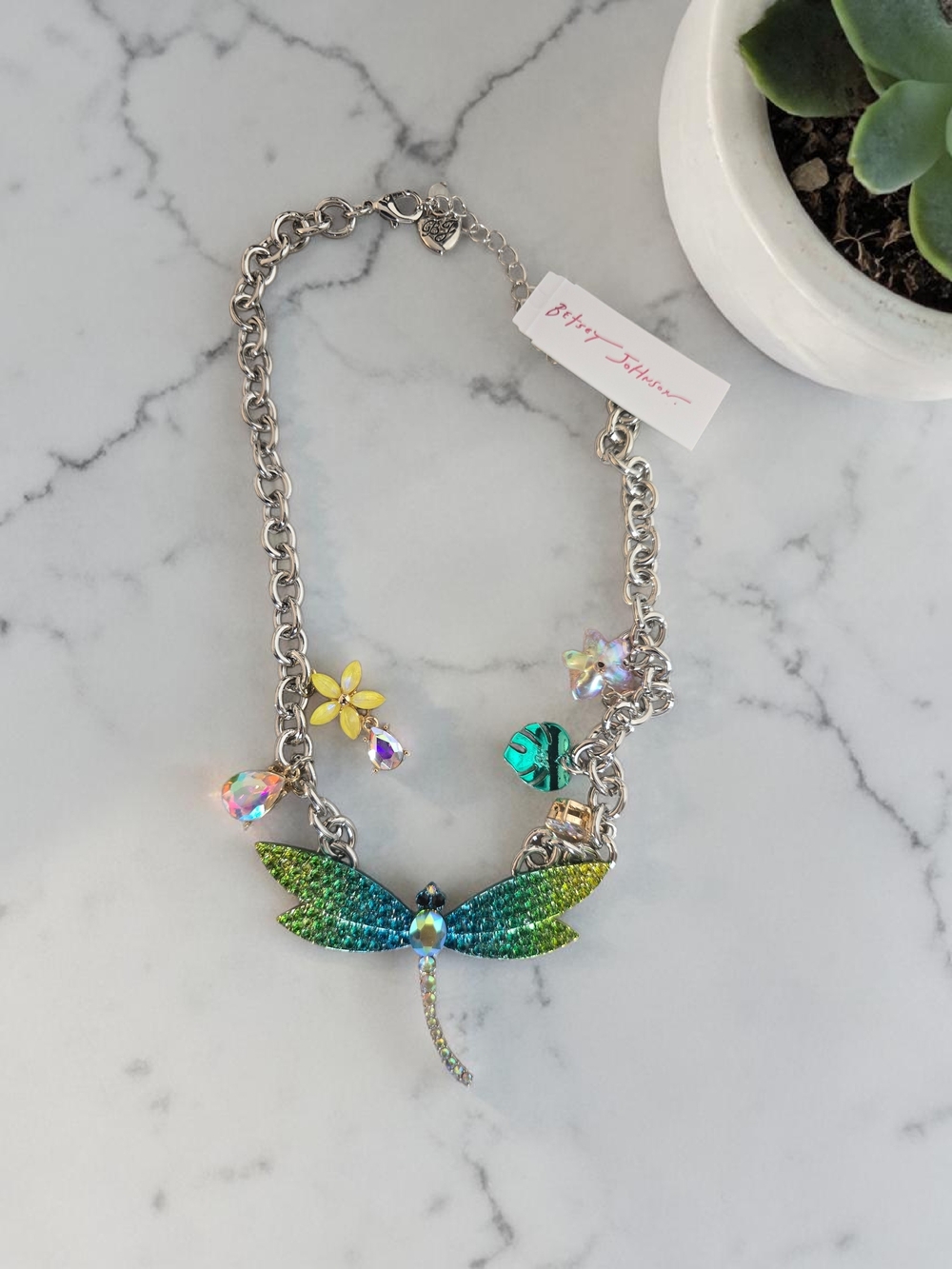 Betsey Johnson Green Multi Dragonfly Charm Necklace